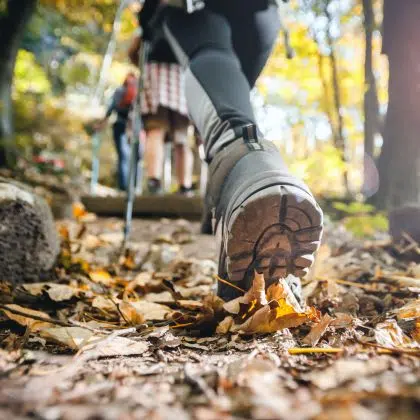 Hiker woman with trekking sticks climbs steep on mountain trail, focus on boot