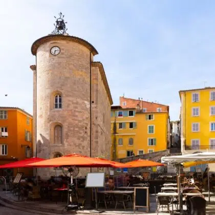 Old medieval building of tour des Templiers at Hyeres, France, on sunny day